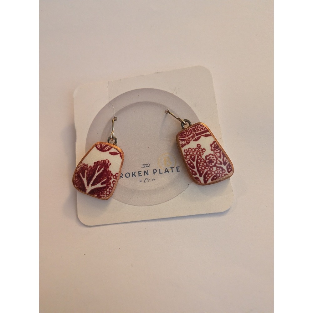 The Broken Plate Co Vintage China Shard Earrings Burgundy Red White Floral‎ Drop
